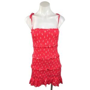 NEW American Eagle Pink Floral Smocked Ruffle Sleeveless Tiered Mini Dress Sz S